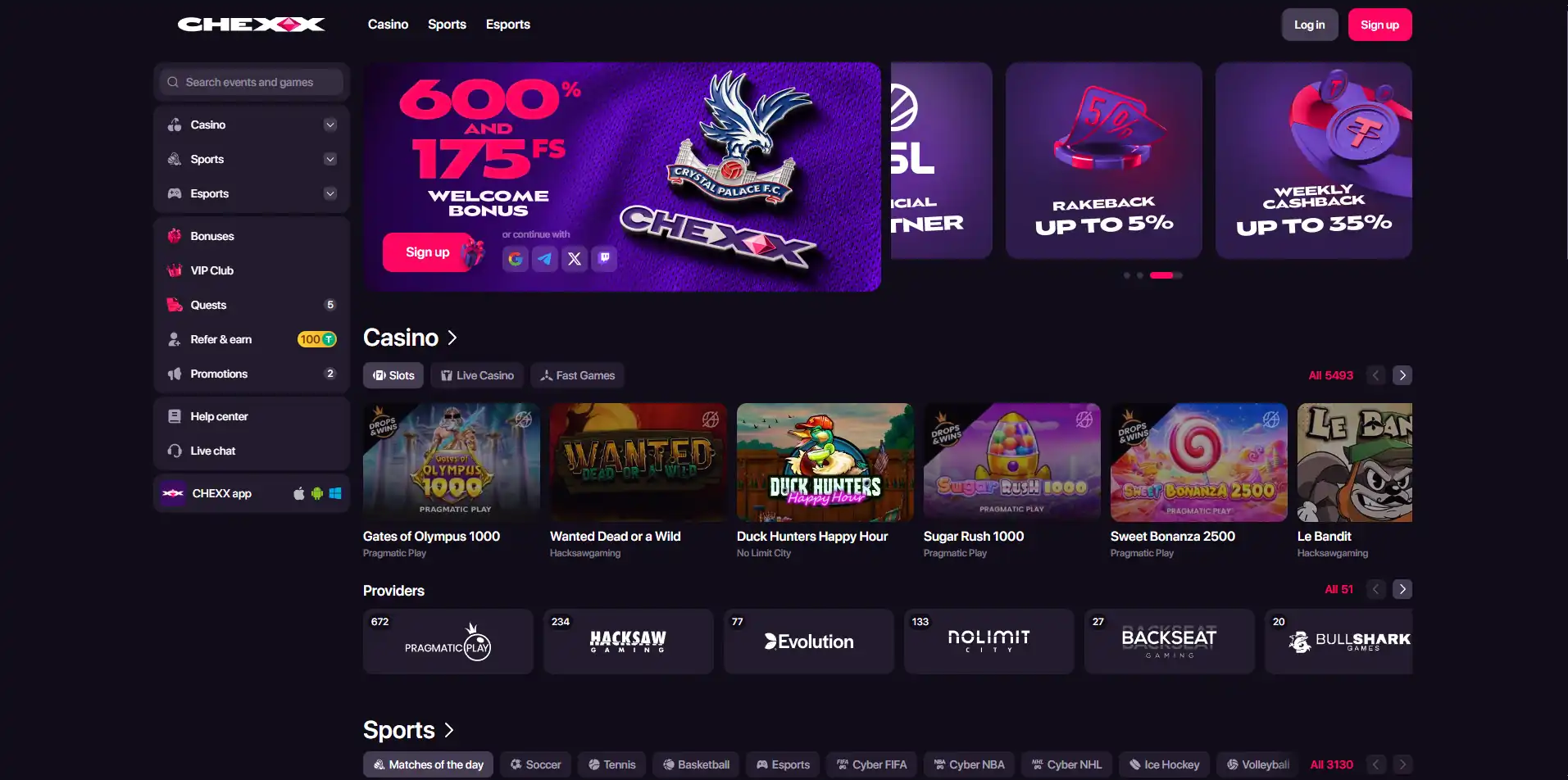 CHEXX live casino lobby with dealer game category visible