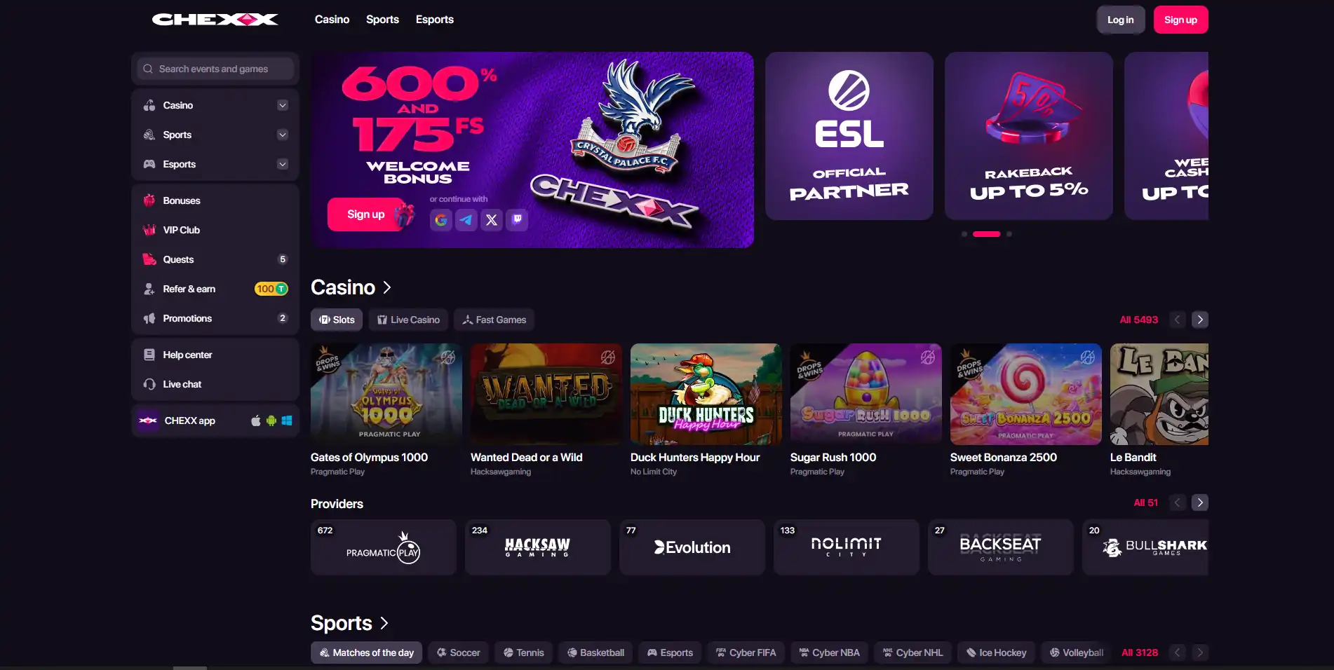 CHEXX official site navigation showing casino and sportsbook product areas